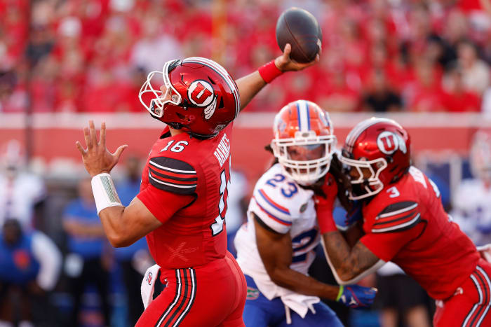 Aug 31, 2023; Salt Lake City, Utah, USA; Utah Utes quarterback Bryson Barnes (16) throws for a first half touchdown against the Florida Gators at Rice-Eccles Stadium. Mandatory Credit: Jeff Swinger-USA TODAY Sports